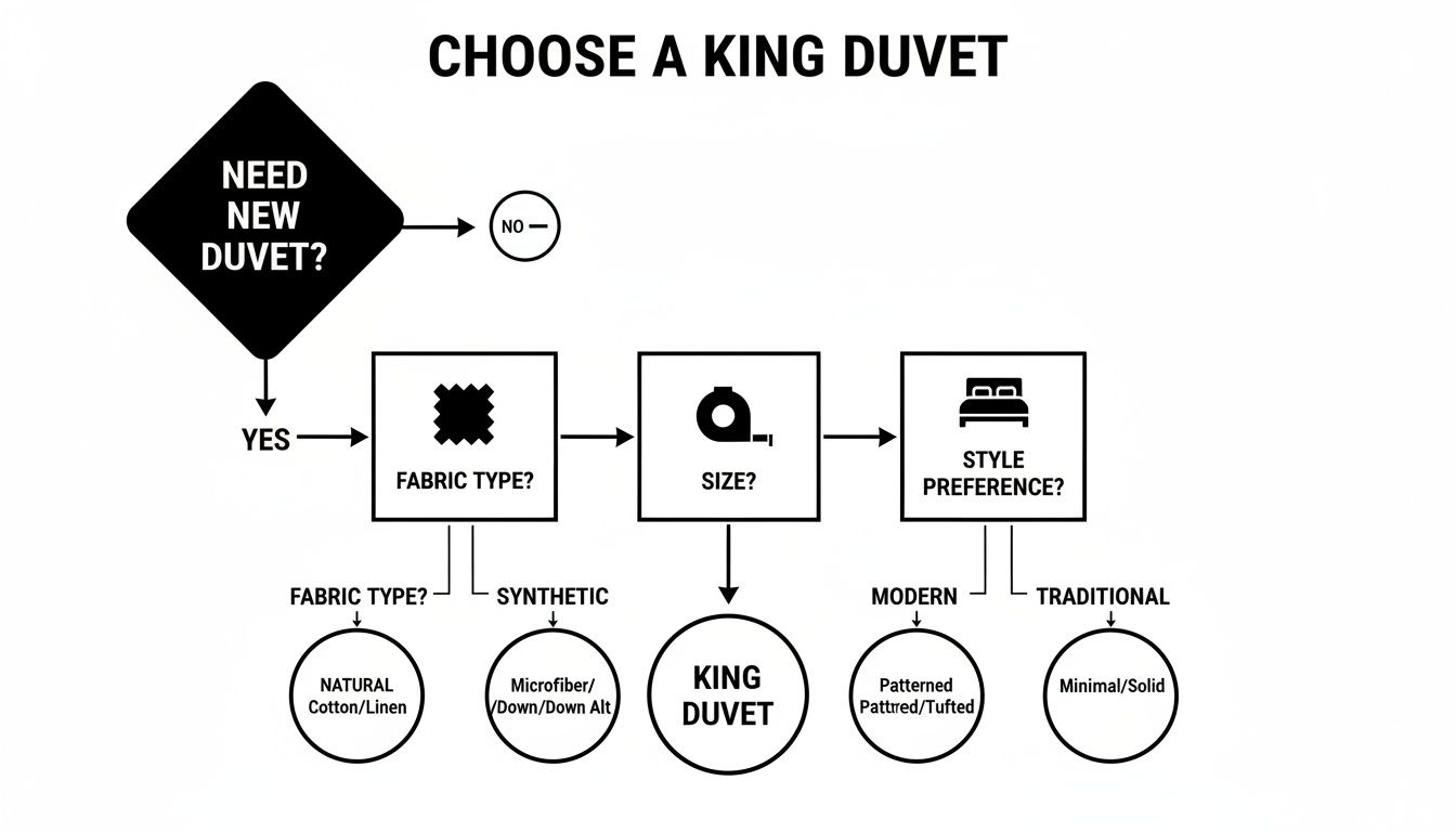 Flowchart guiding users through choosing a king duvet based on fabric, size, and style.