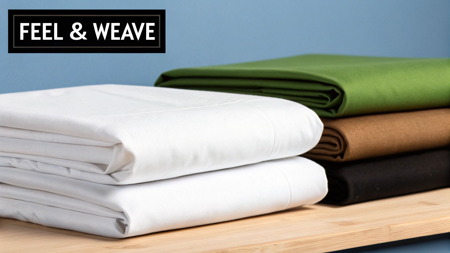 Stack of folded flat bed sheets in white, green, tan and black colors displayed on wooden surface