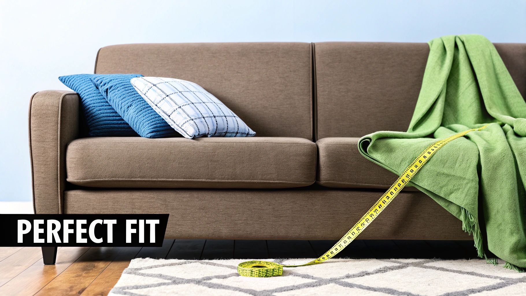 A neatly folded grey throw on a modern couch