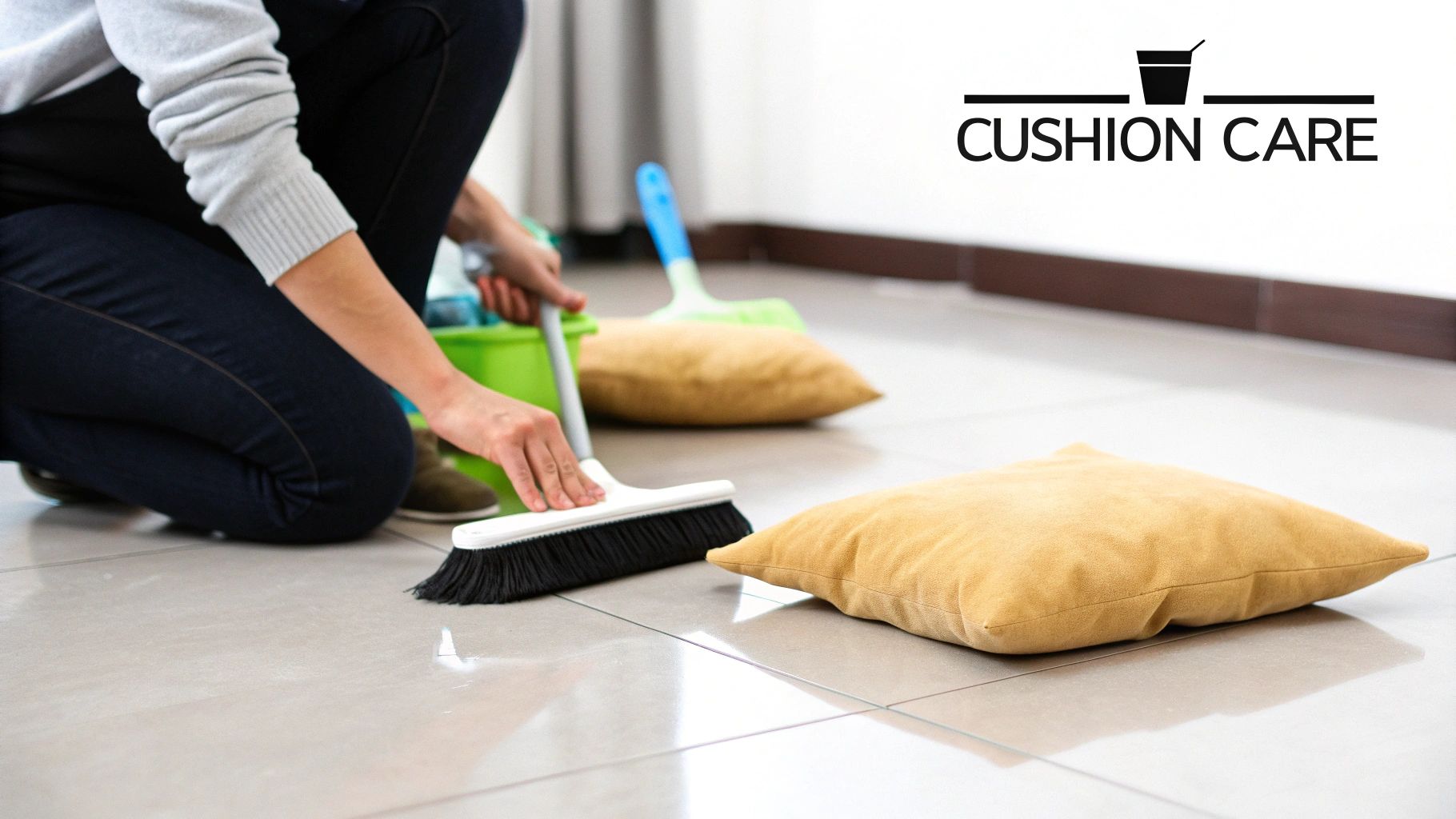 Person sweeping tile floor near beige cushions during regular cushion care and cleaning routine