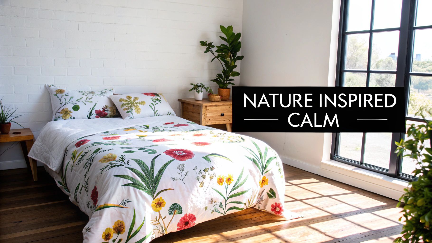 A serene bedroom featuring a white floral duvet cover, wooden furniture, and potted plants.