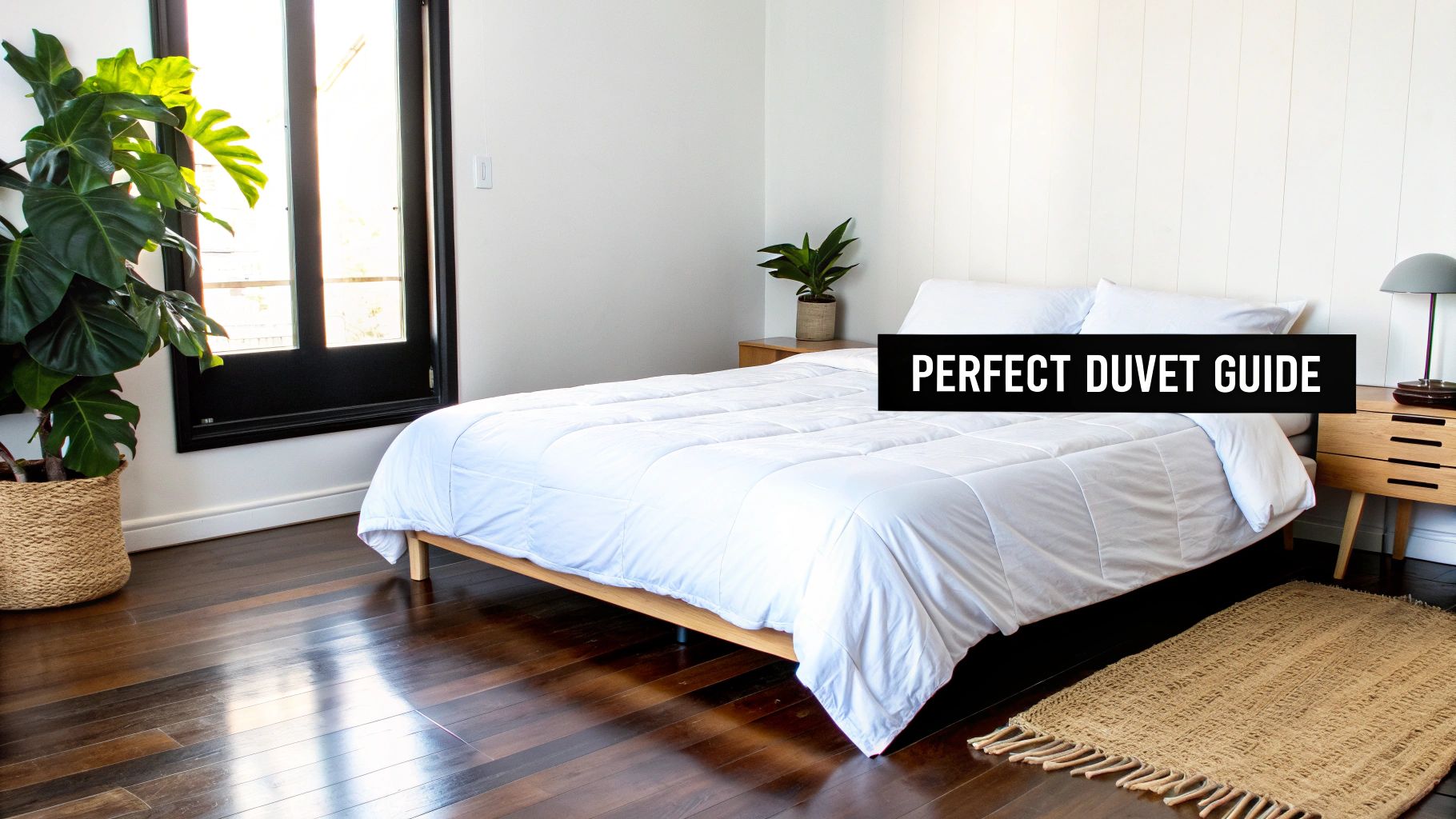 Woman making a bed with a stylish double duvet cover