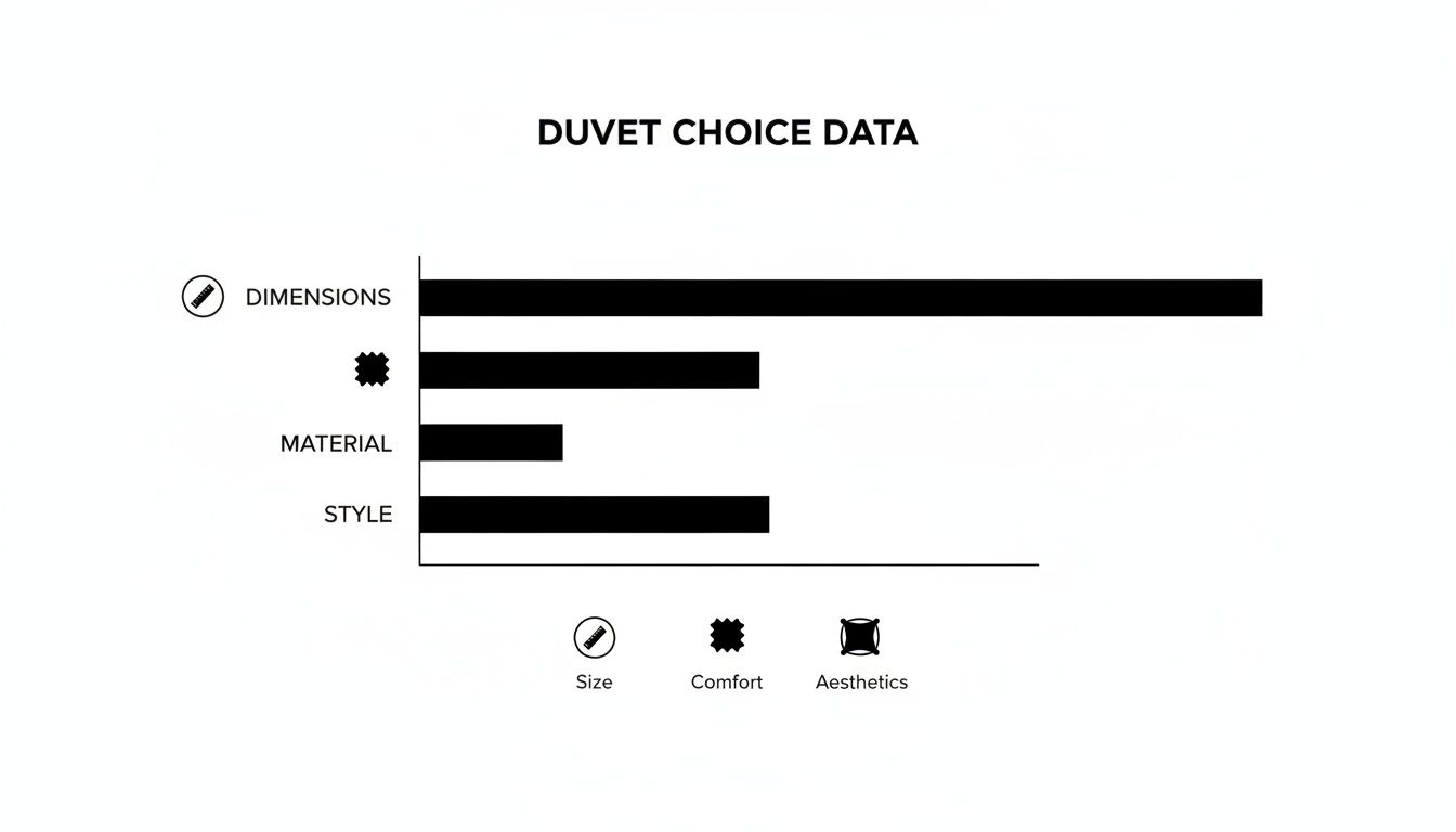 A bar chart titled 'Duvet Choice Data' illustrating preferences for dimensions, style, comfort, and material.