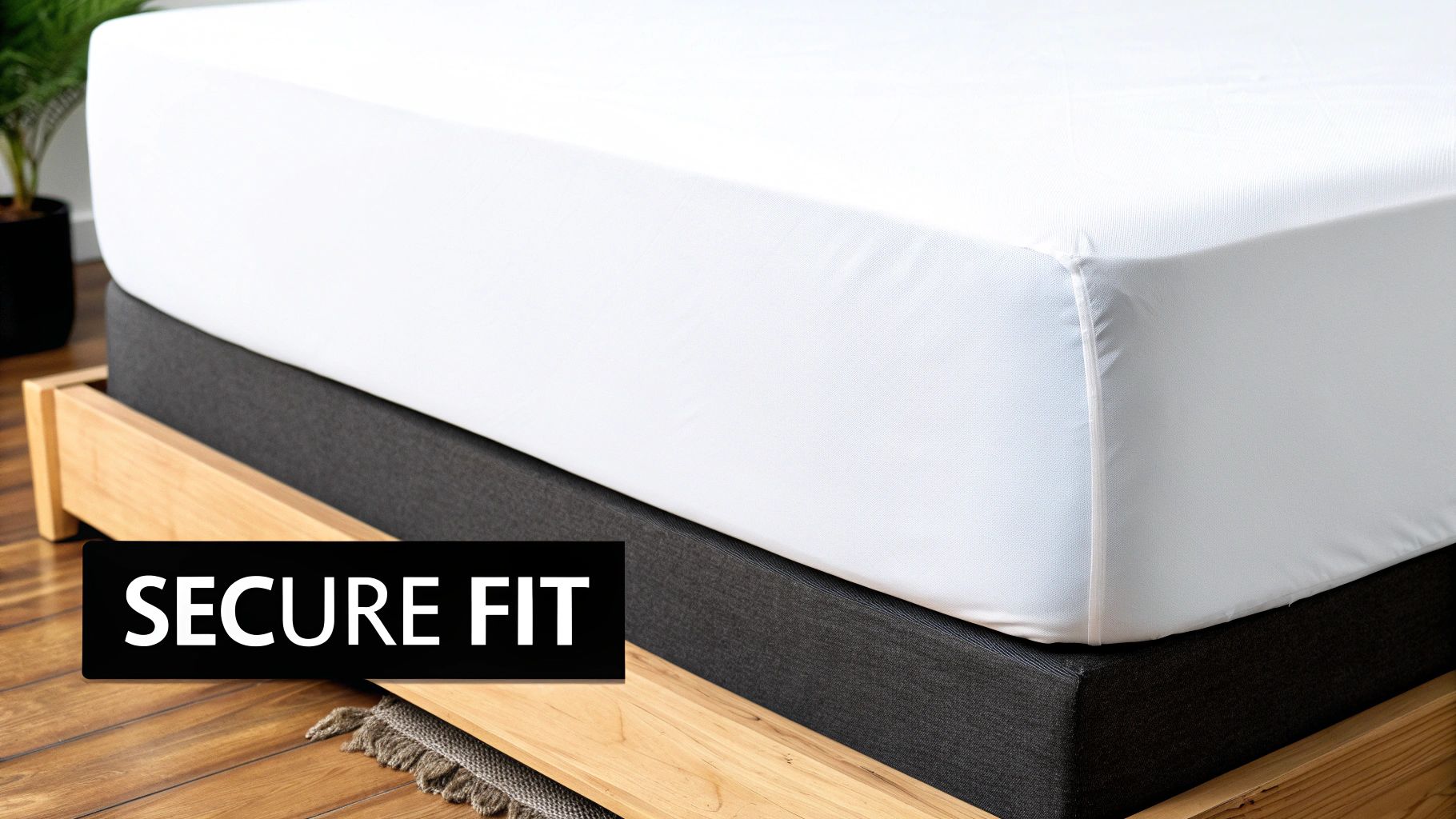 Close-up of a white fitted sheet securely fitted on a mattress and wooden bed frame.