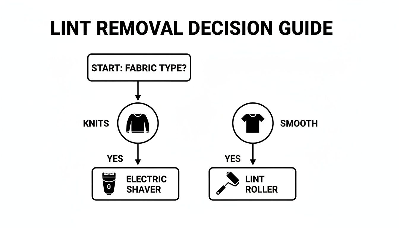 Flowchart guiding lint removal based on fabric type: knits use electric shaver, smooth fabrics use lint roller.