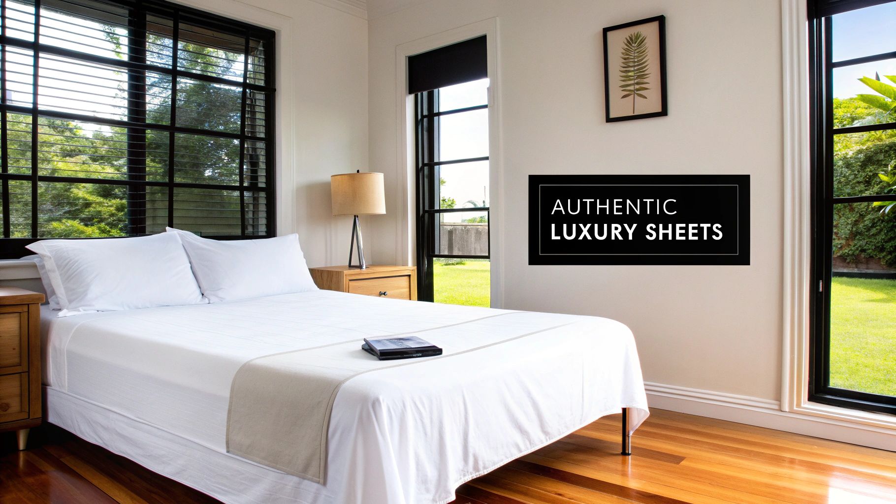 A bright bedroom features a bed with white authentic luxury sheets and pillows, overlooking a lush garden.