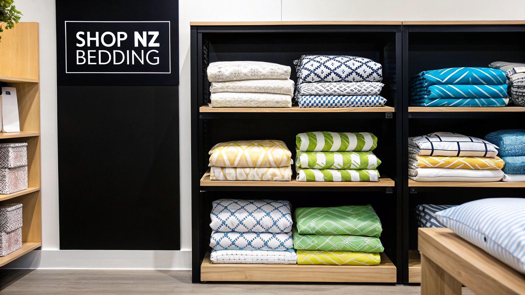 A person shopping for super king bedding in a stylish New Zealand home goods store.