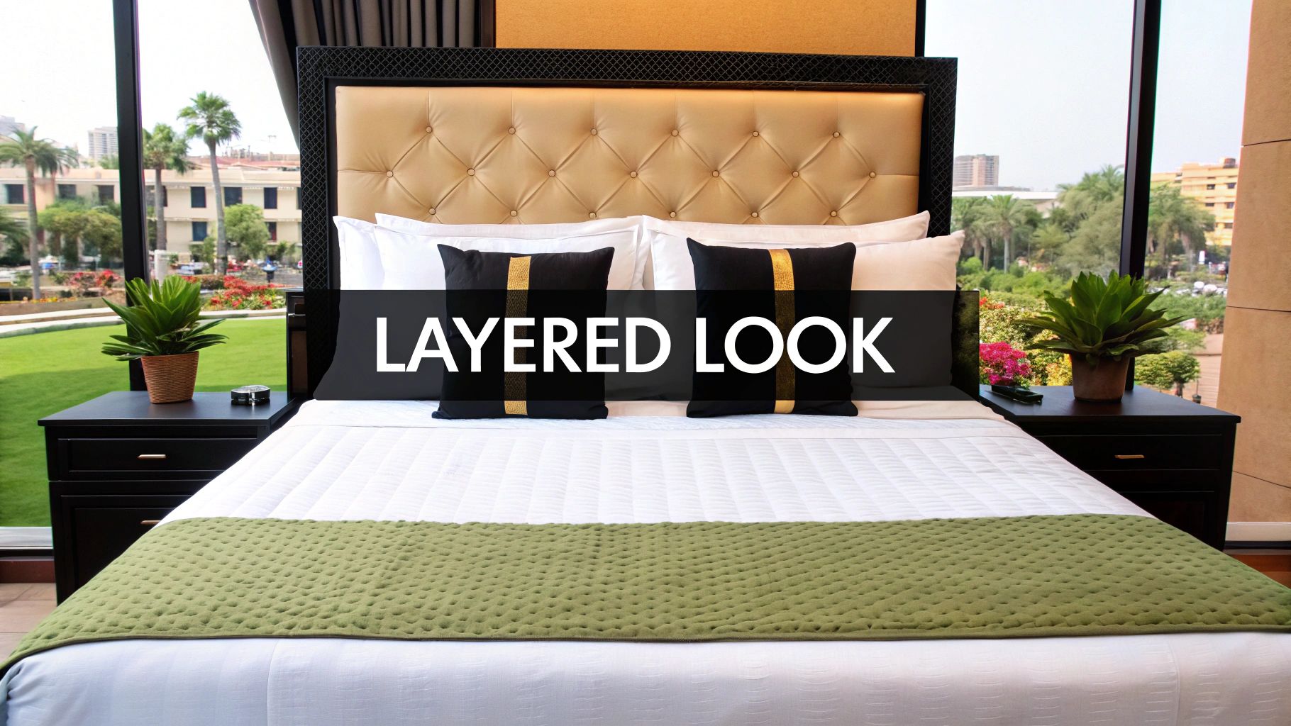 A luxurious hotel room bed featuring layered white linens, decorative pillows, and a green throw, overlooking a garden.