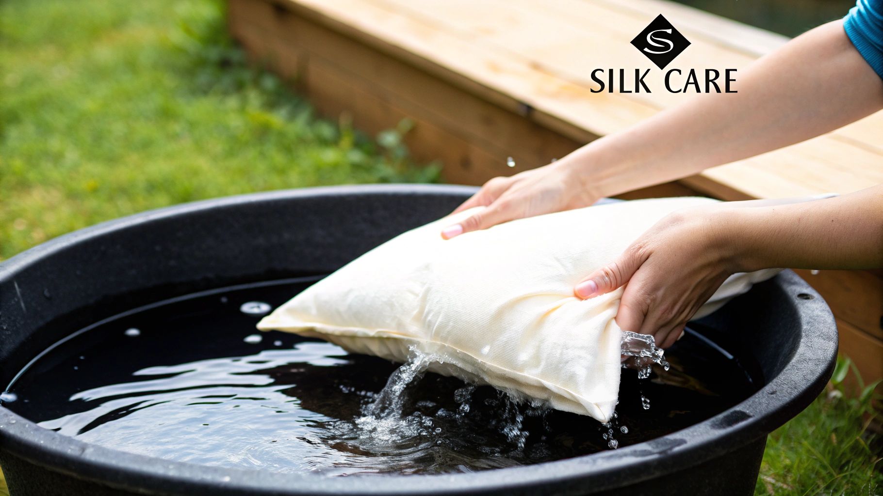 A person gently hand washing a silk pillowcase in a clean basin.