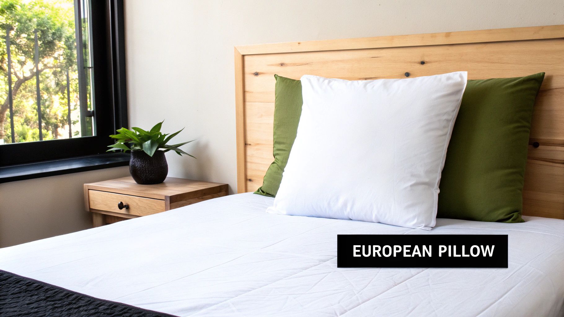 A cozy bedroom with a white European pillow, green pillow, wooden headboard, and a plant on a nightstand.