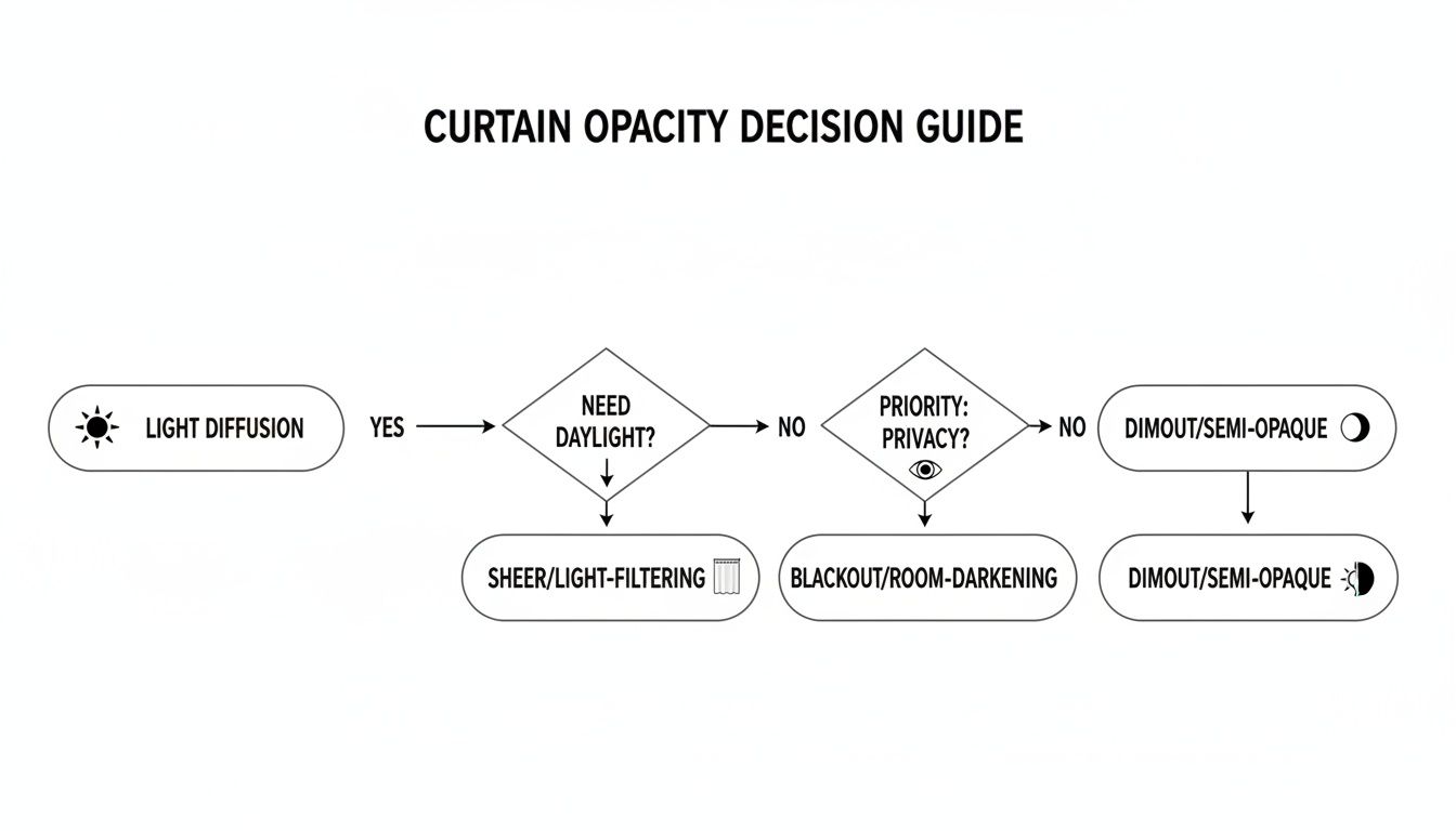 Flowchart guiding curtain opacity decisions based on light diffusion, daylight, and privacy needs.
