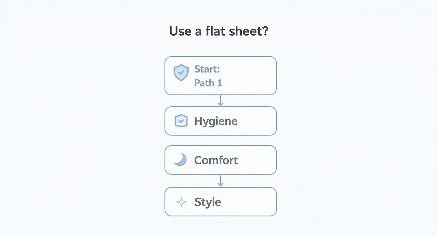 Flowchart showing four steps for choosing bed sheets: start path one, hygiene, comfort, and style
