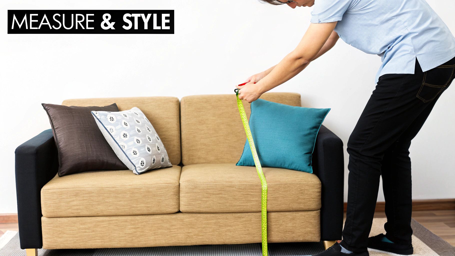 A stylish couch with perfectly measured and arranged cushions