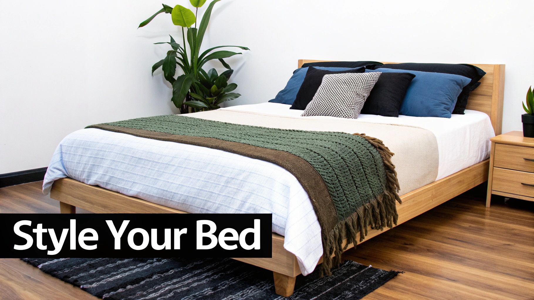 A beautifully styled bed with layers of pillows and a textured throw blanket.