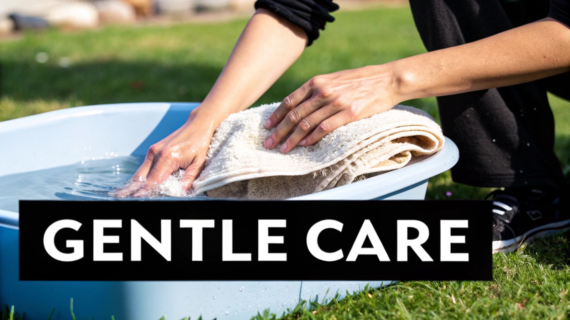 Hands gently washing a light-colored towel in a blue basin of water on a grassy lawn.