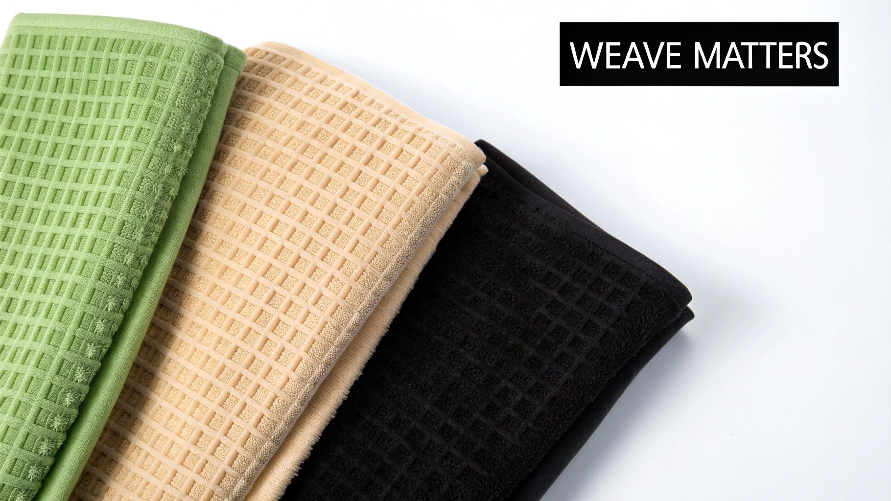 Textured waffle-weave towels in green, beige, and black neatly folded on a white surface.
