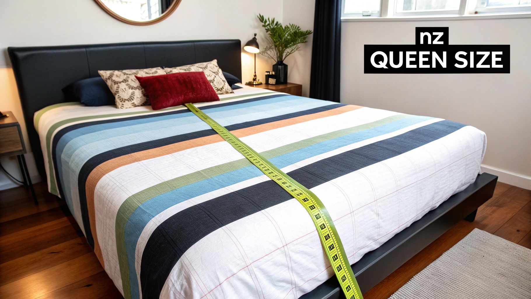 A neatly made queen bed with a white duvet cover, showcasing a perfect overhang on all sides in a bright, modern bedroom.