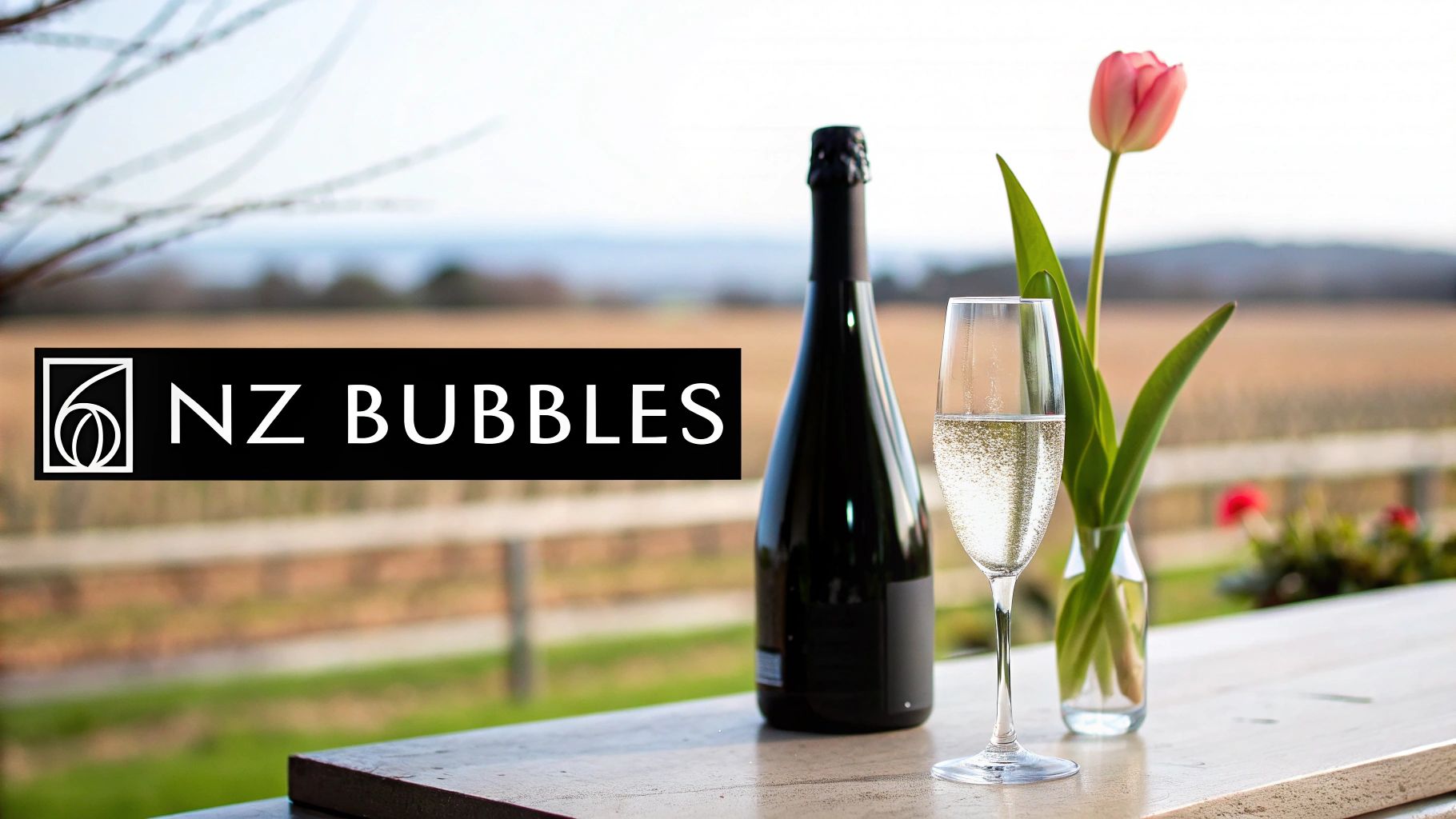 A bottle of sparkling wine, a glass of champagne, and a pink tulip on a table overlooking a vineyard.