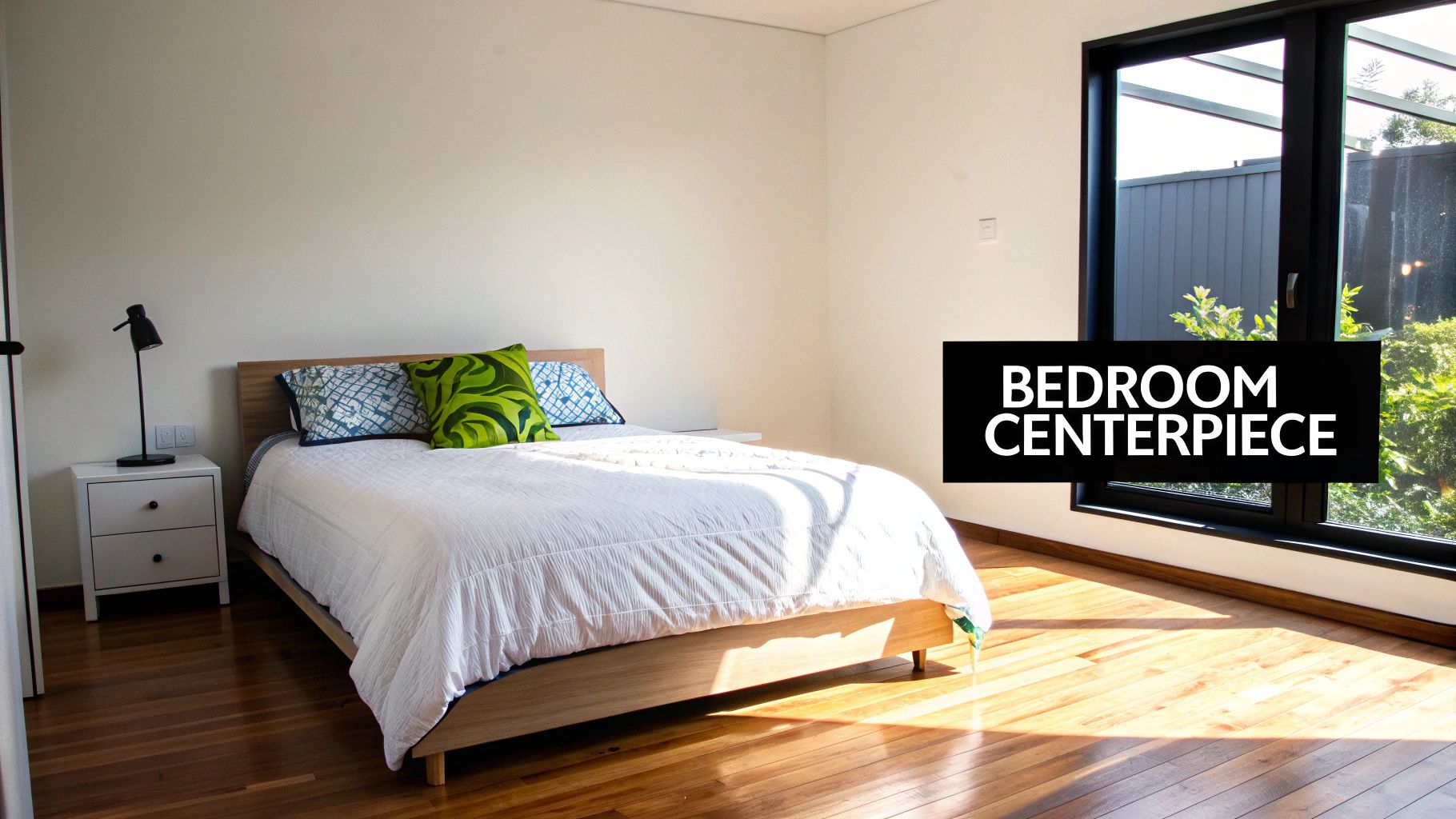 Modern minimalist bedroom with wooden bed, white bedding, and large windows overlooking outdoor patio