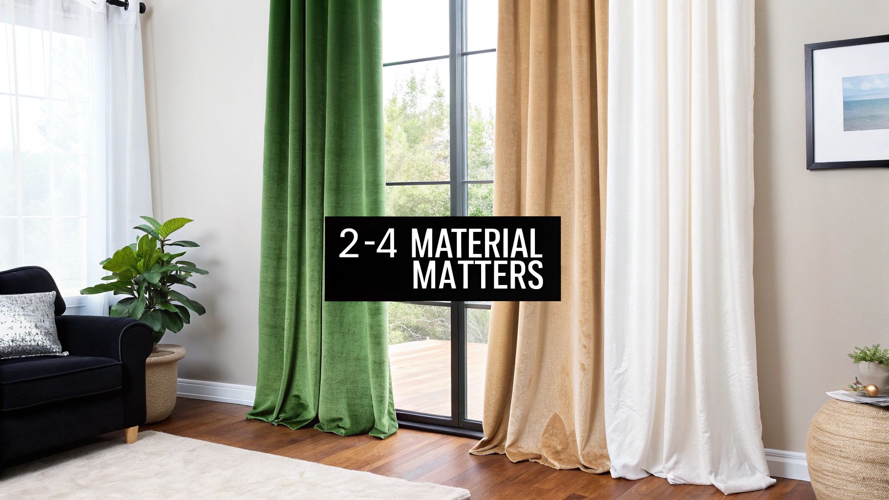 Modern living room showcasing different curtain fabric materials in green, beige, and white colors