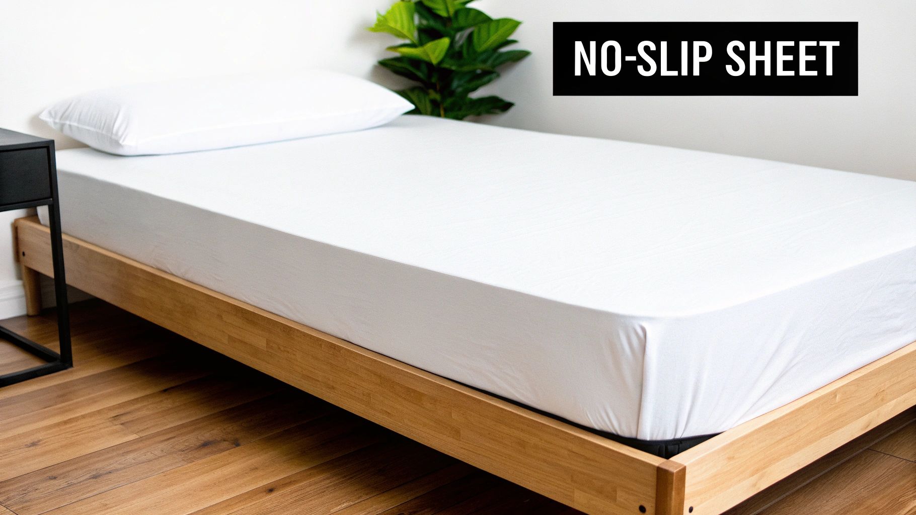 A neatly made single bed with a crisp, white fitted sheet, showing a smooth corner.