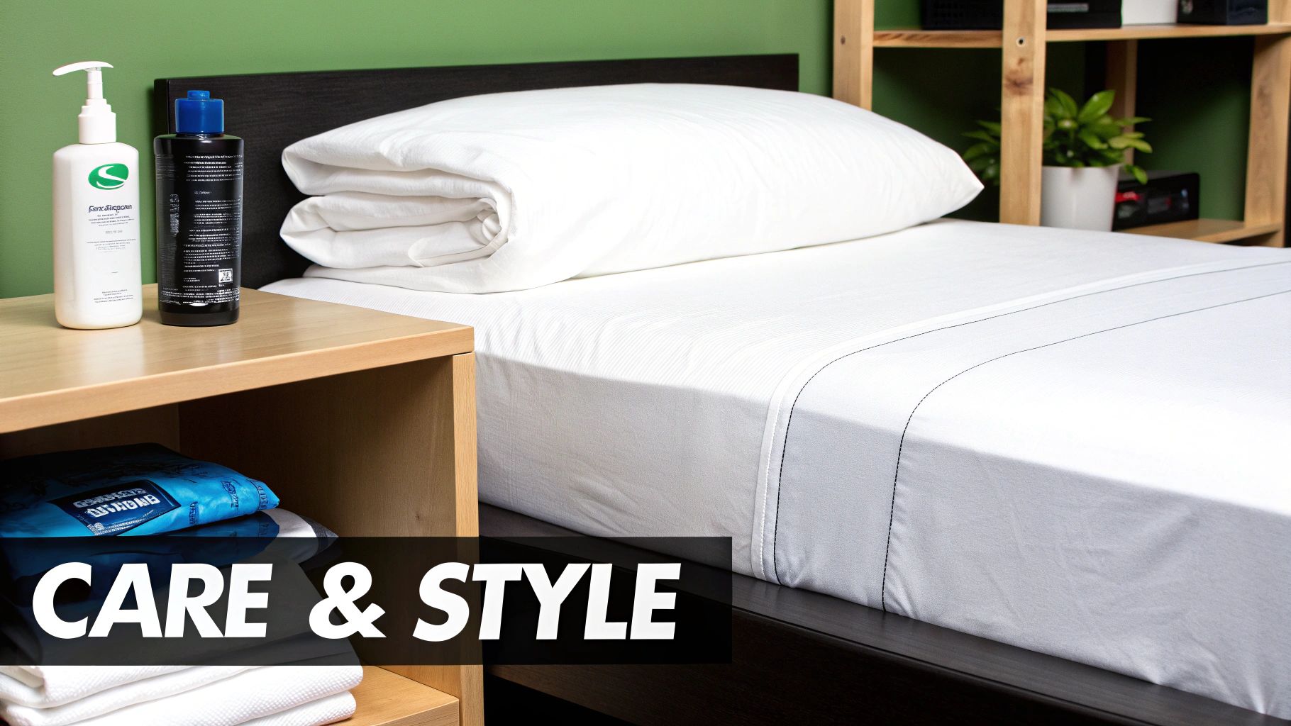 A beautifully styled king size bed with coordinated pillows and a duvet.