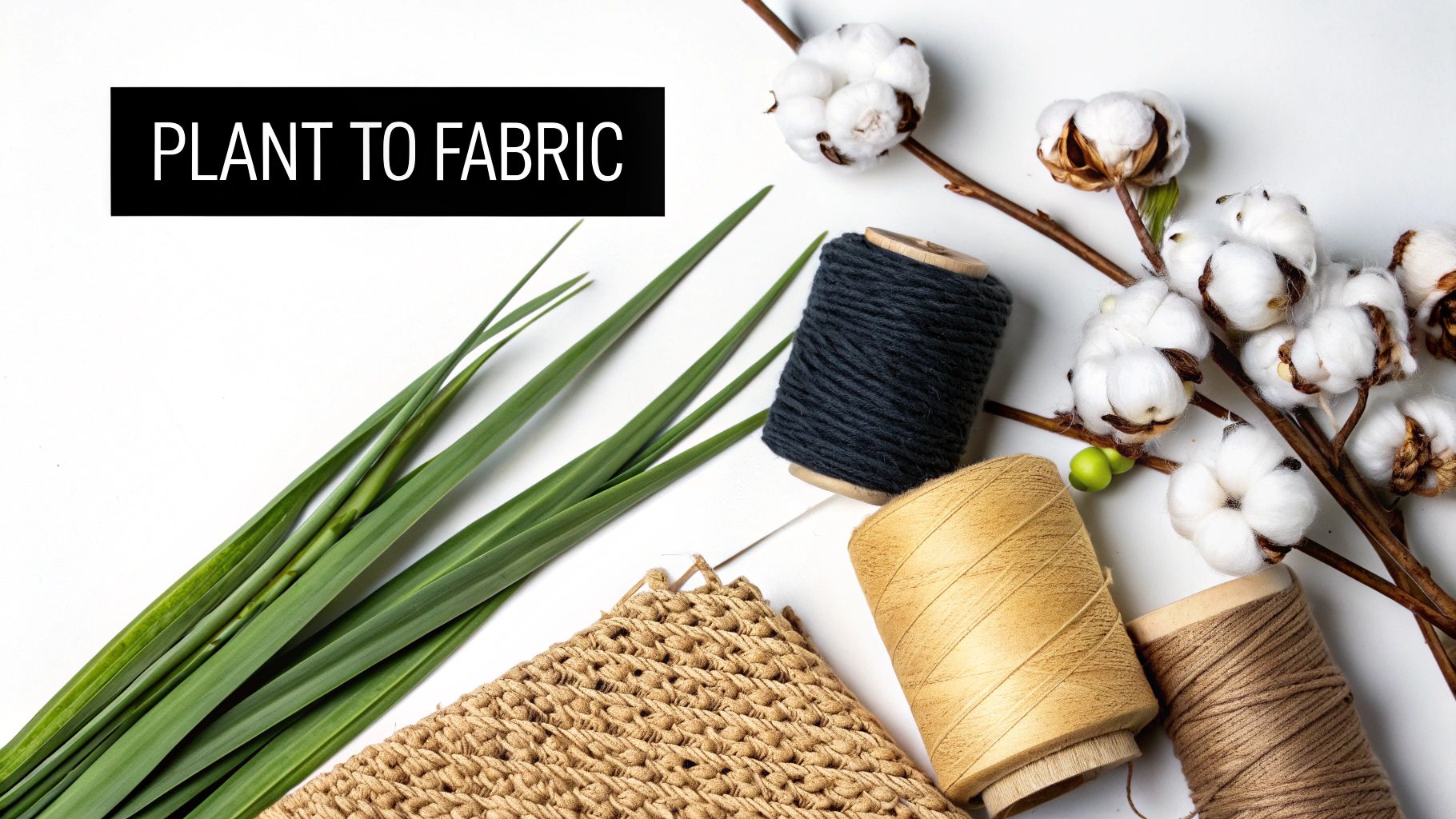 Plant to fabric concept featuring cotton bolls, green leaves, yarn spools and woven textile materials