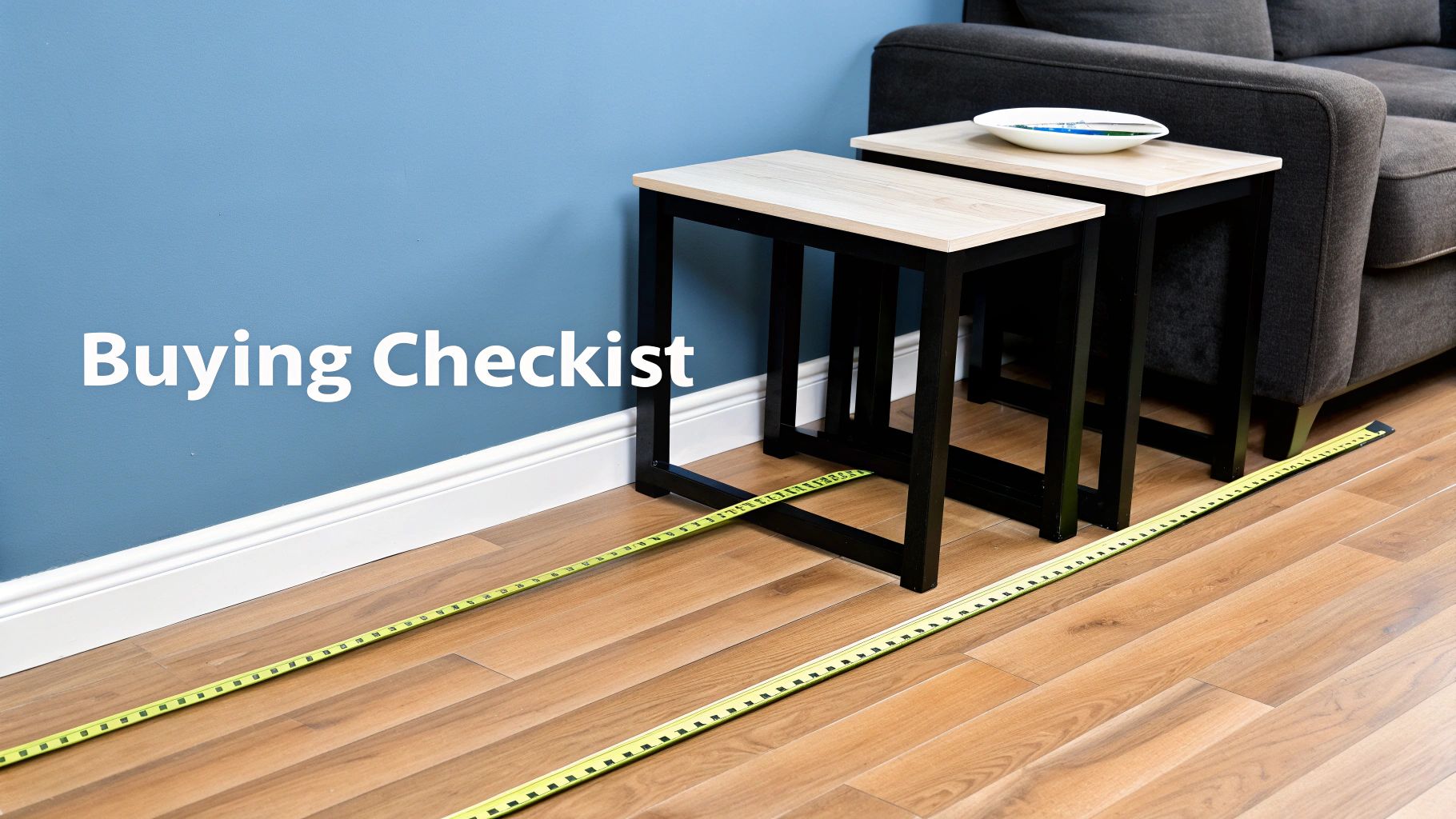 Two nesting tables and a sofa with measuring tapes on a wooden floor against a blue wall.