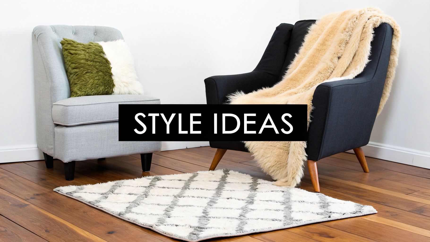 Two cozy armchairs with faux fur throws and a patterned rug on a wooden floor.