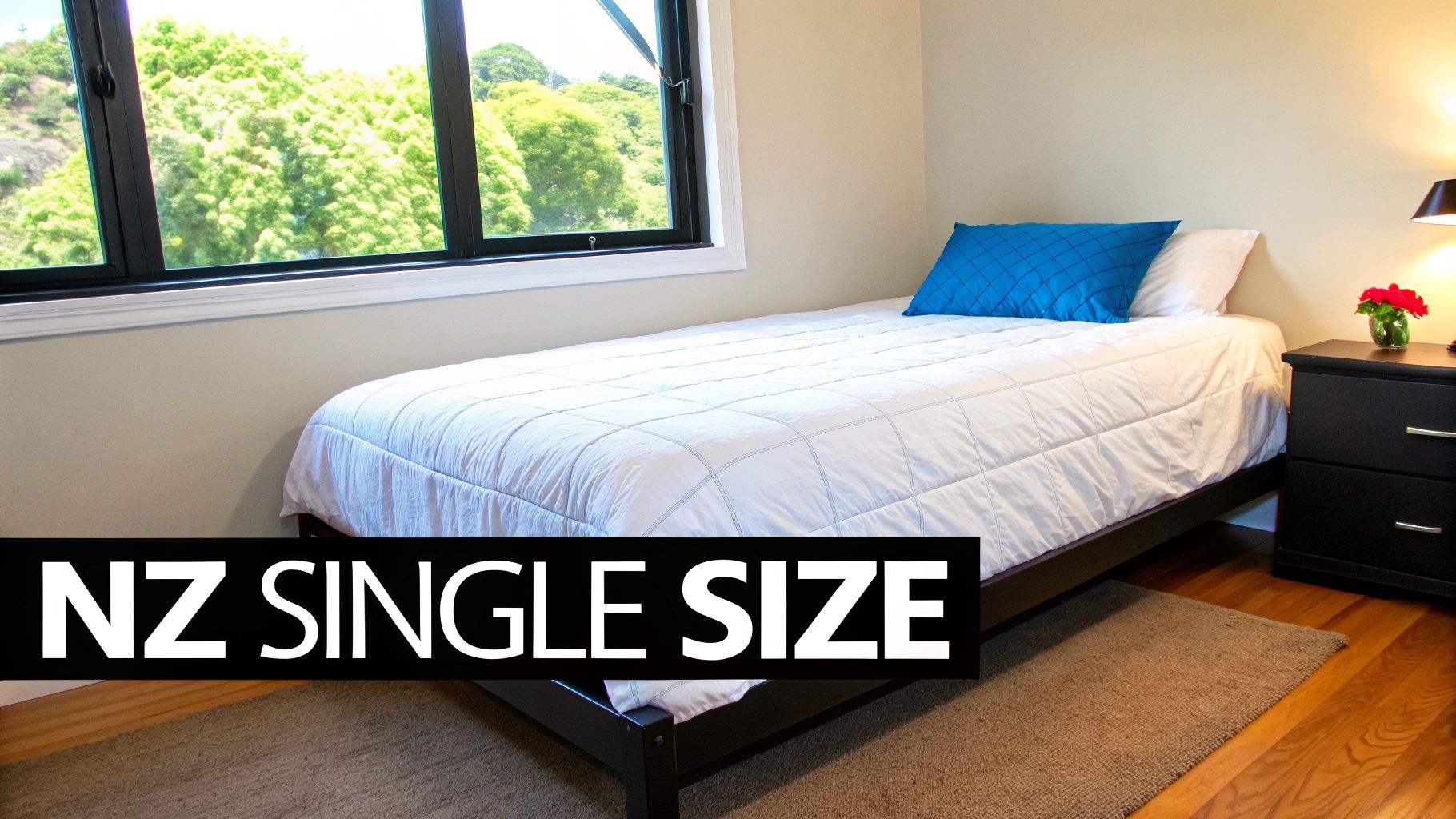 A comfortable single bed with a white duvet and blue pillow in a brightly lit bedroom.