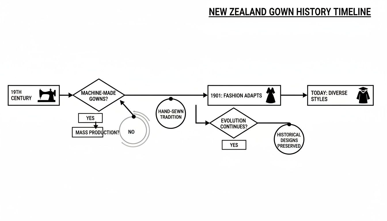 Flowchart illustrating New Zealand gown history from 19th-century production methods to today's diverse styles.