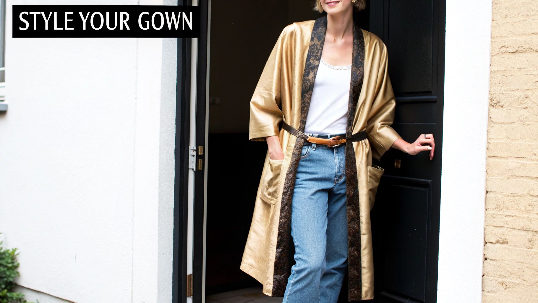 Woman in stylish dressing gown with jeans