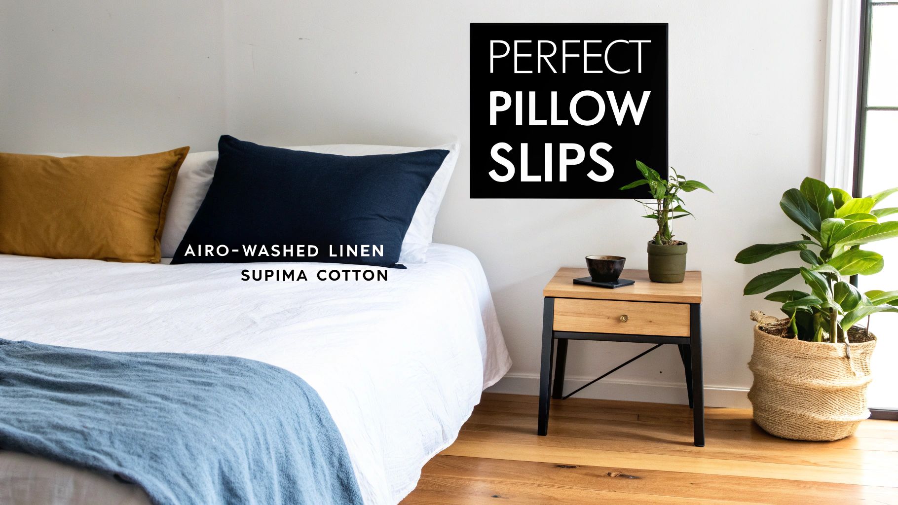 Bedroom with a made bed, golden and navy pillows, white duvet, and blue throw, showcasing perfect pillow slips.