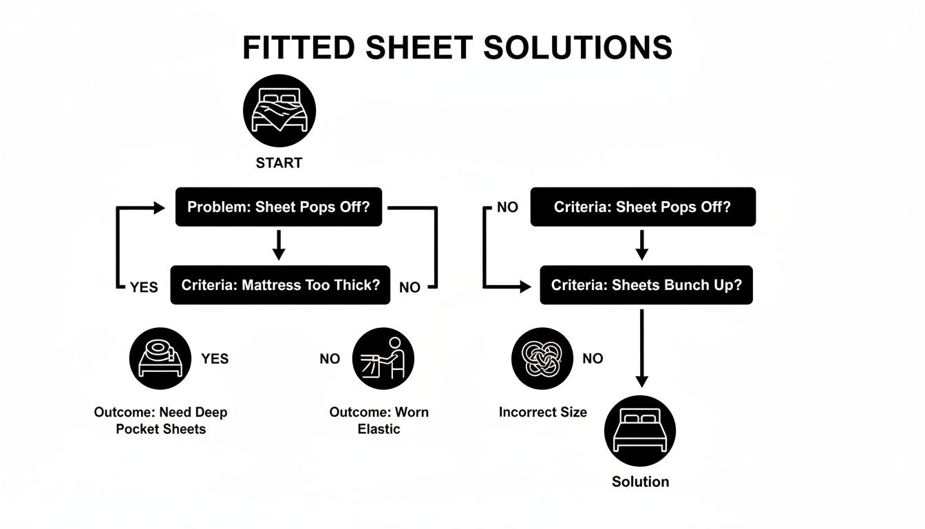 Flowchart for fitted sheet problems: solutions include deep pocket sheets, new elastic, or correct sizing.