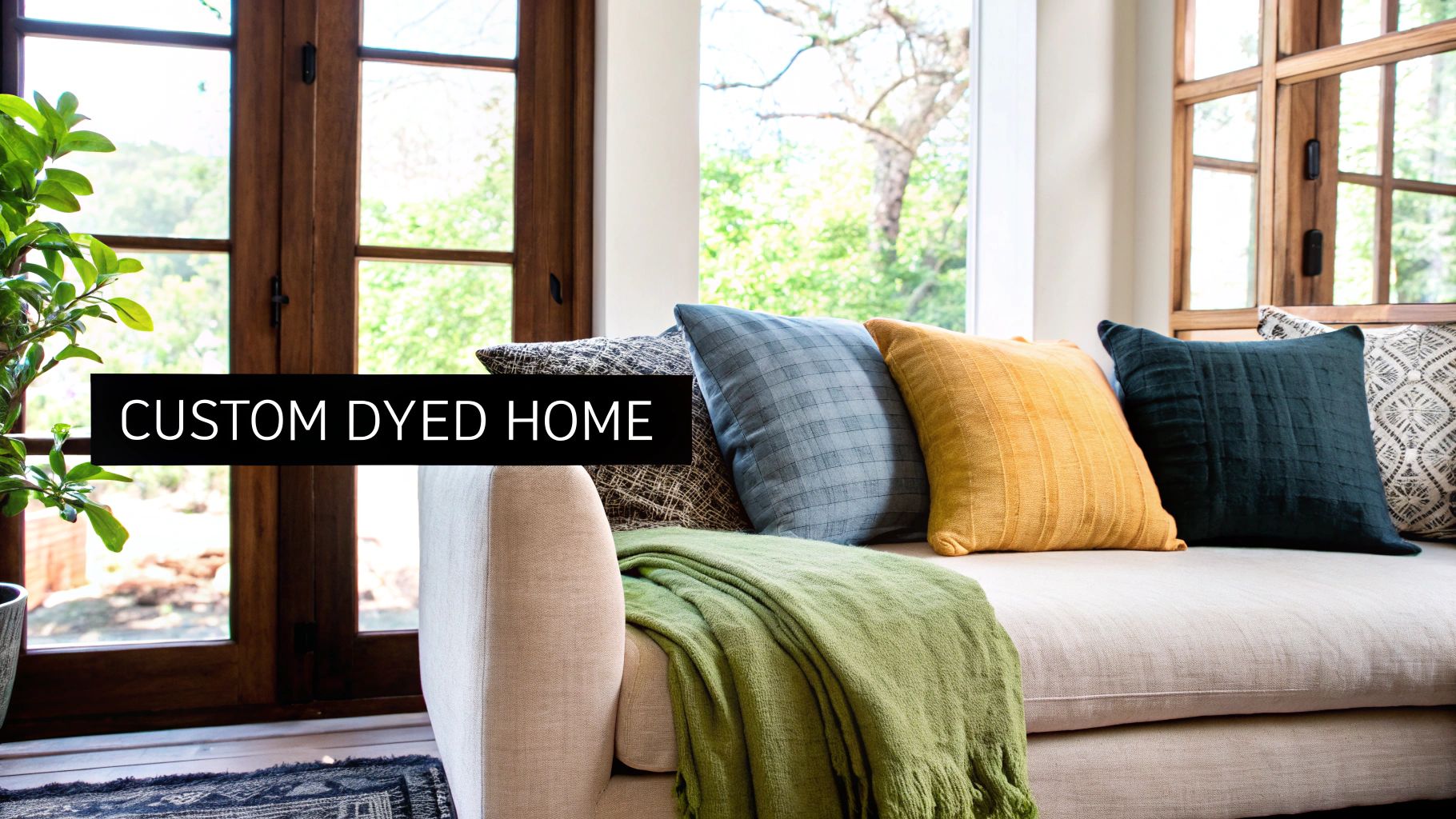 A beige sofa adorned with custom dyed pillows and a green throw blanket in a bright living room.