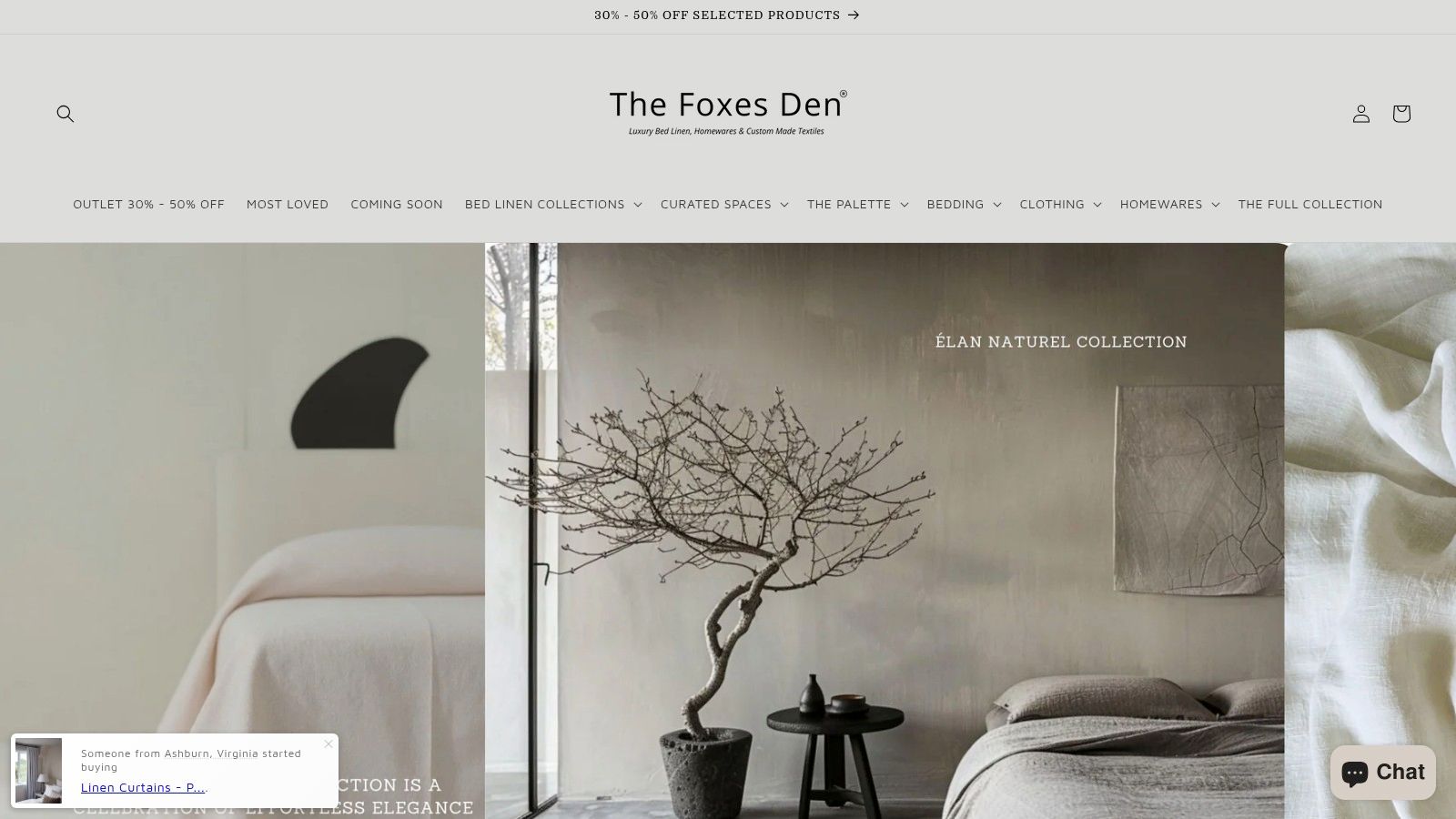The Foxes Den website homepage showcasing its luxury linen products.