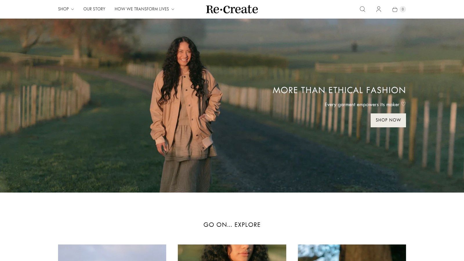 ReCreate Clothing website showcasing versatile and ethical streetwear designs