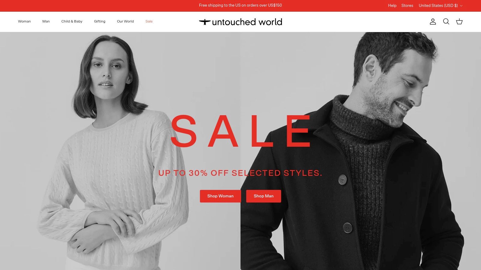 Untouched World website showcasing natural fibre clothing and their sustainability commitment.