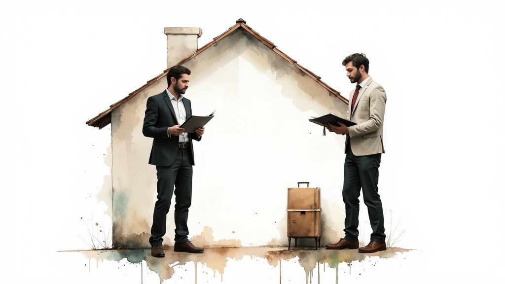 Deux hommes en costume examinent des documents devant une maison stylisée à l'aquarelle, suggérant une transaction immobilière.