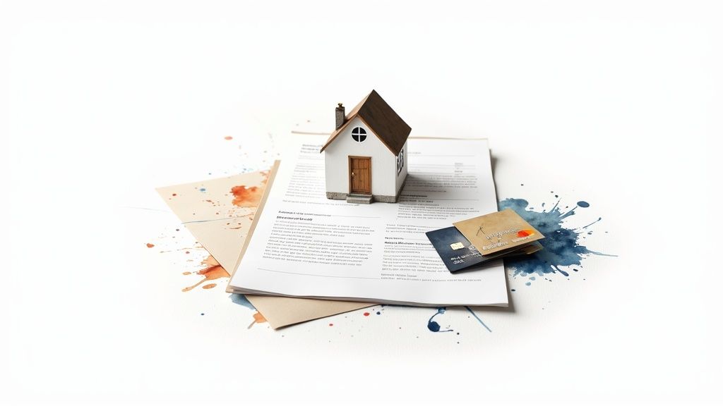 Maquette de maison sur documents de recouvrement avec carte de crédit et papiers administratifs