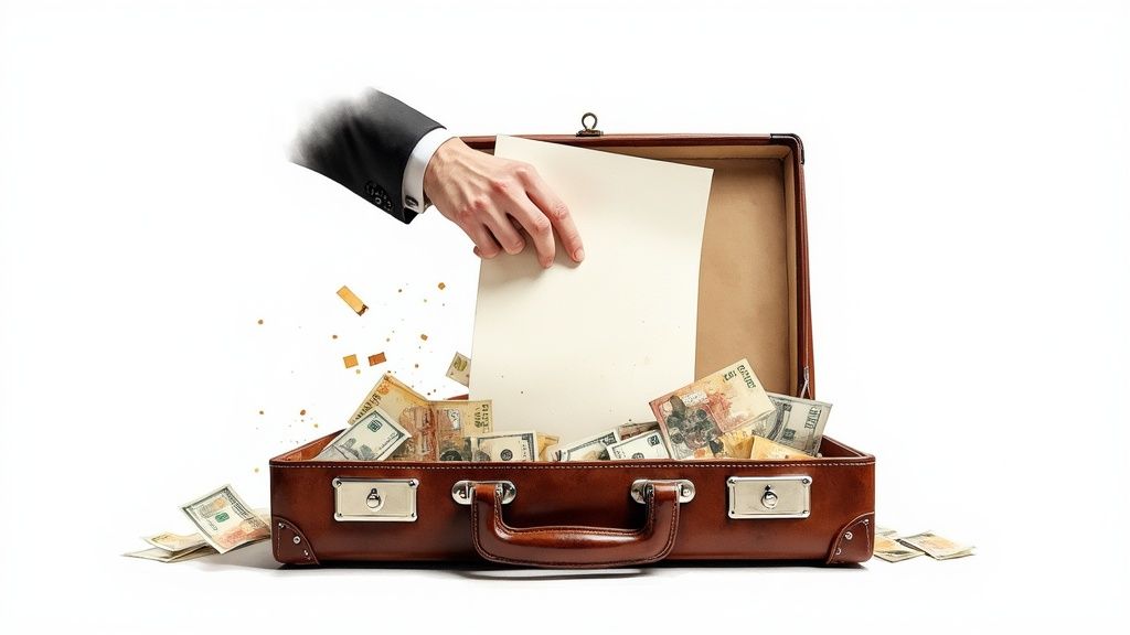 Main plaçant un document vierge dans une mallette ouverte débordant de billets de banque et de pièces d'or.