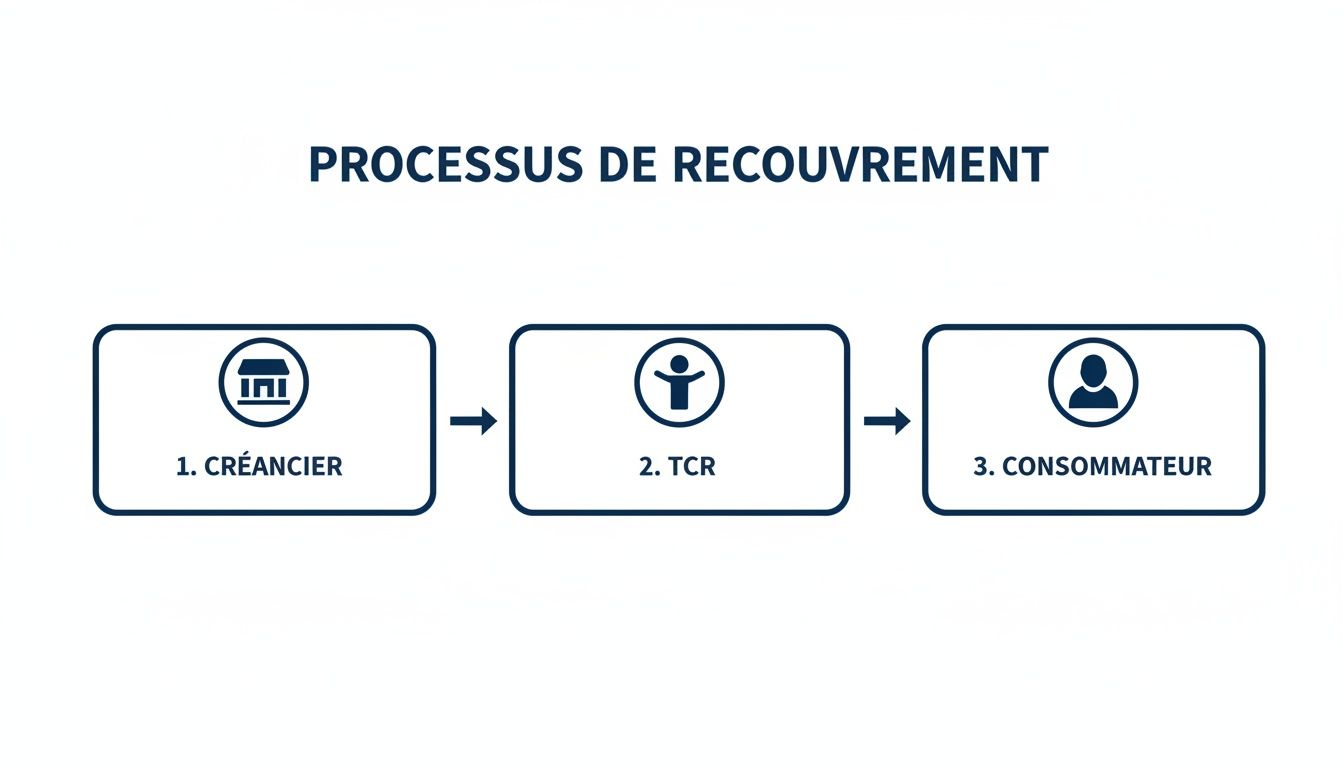 Diagramme du processus de recouvrement des dettes, montrant les étapes du créancier au consommateur via TCR.