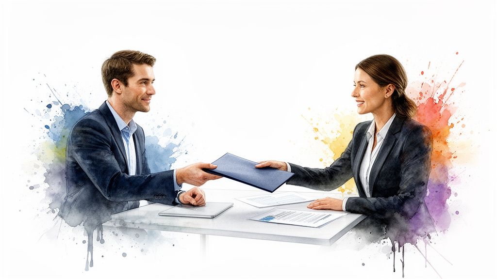 Deux professionnels souriants échangent un dossier sur une table, illustrant une collaboration ou transaction.