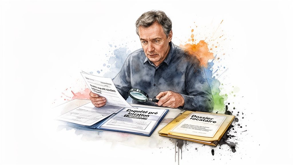 Un homme examine attentivement des documents de location importants avec une loupe, incluant une enquête pré-location.