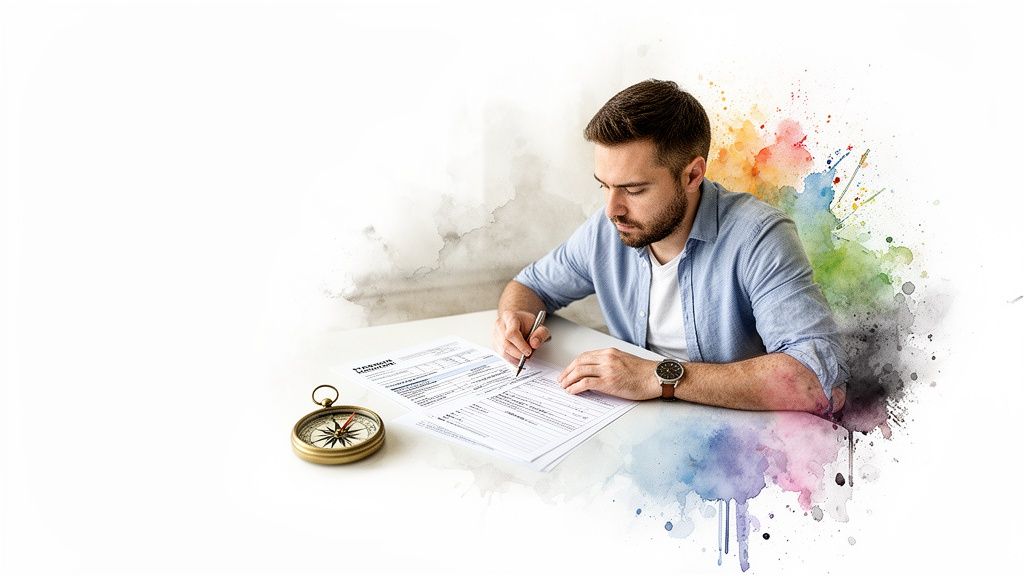 Un homme concentré remplit un formulaire sur un bureau, avec une boussole et des éclaboussures d'aquarelle colorées l'entourant.