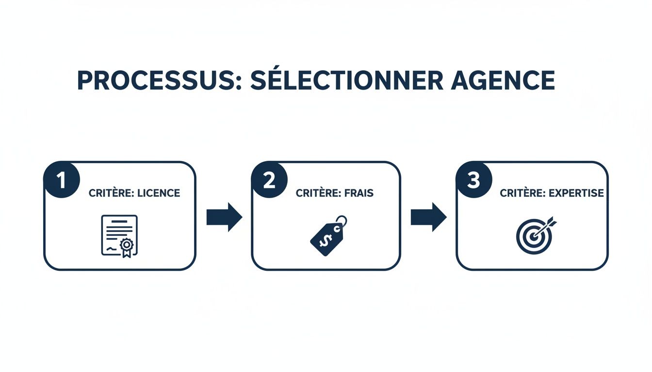 Infographie illustrant le processus de sélection d'une agence, basé sur trois critères: licence, frais et expertise.