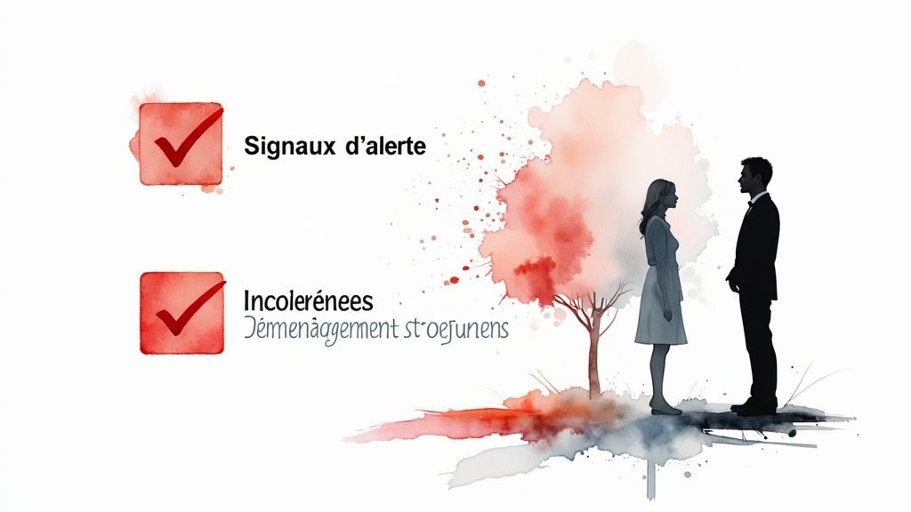 Une image représentant des signaux d'alerte avec des listes de contrôle et des silhouettes d'un couple en face d'un arbre abstrait.