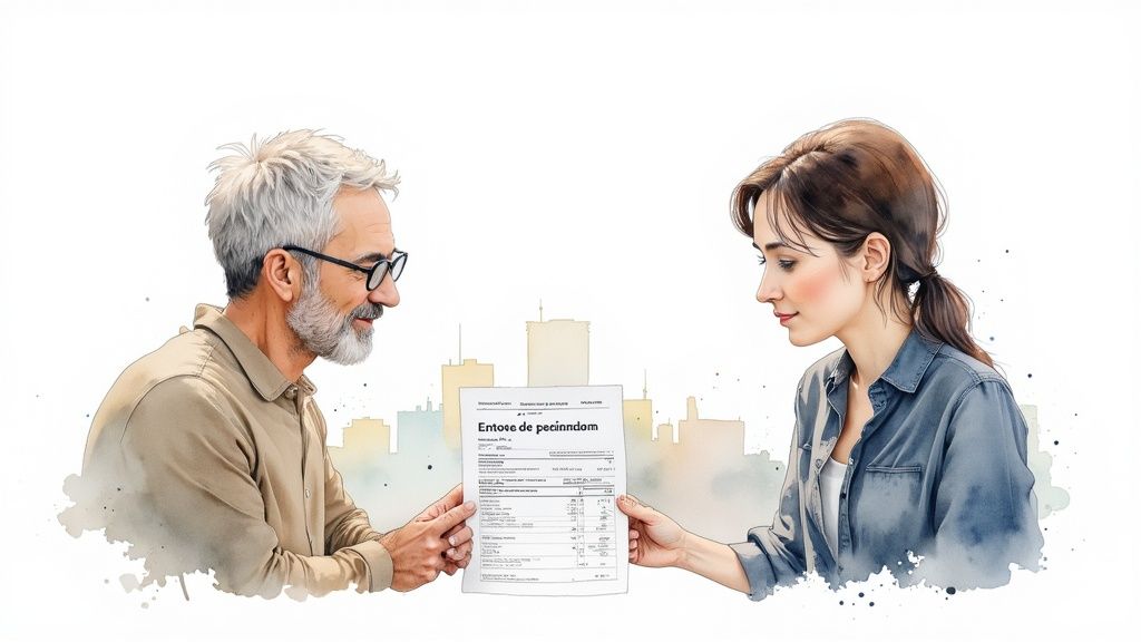 Un homme et une femme échangent un document important, avec une ville en arrière-plan, style aquarelle.