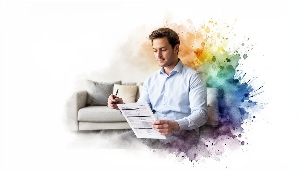 Un homme concentré remplit un document, symbolisant une enquête de crédit pour une location de logement.