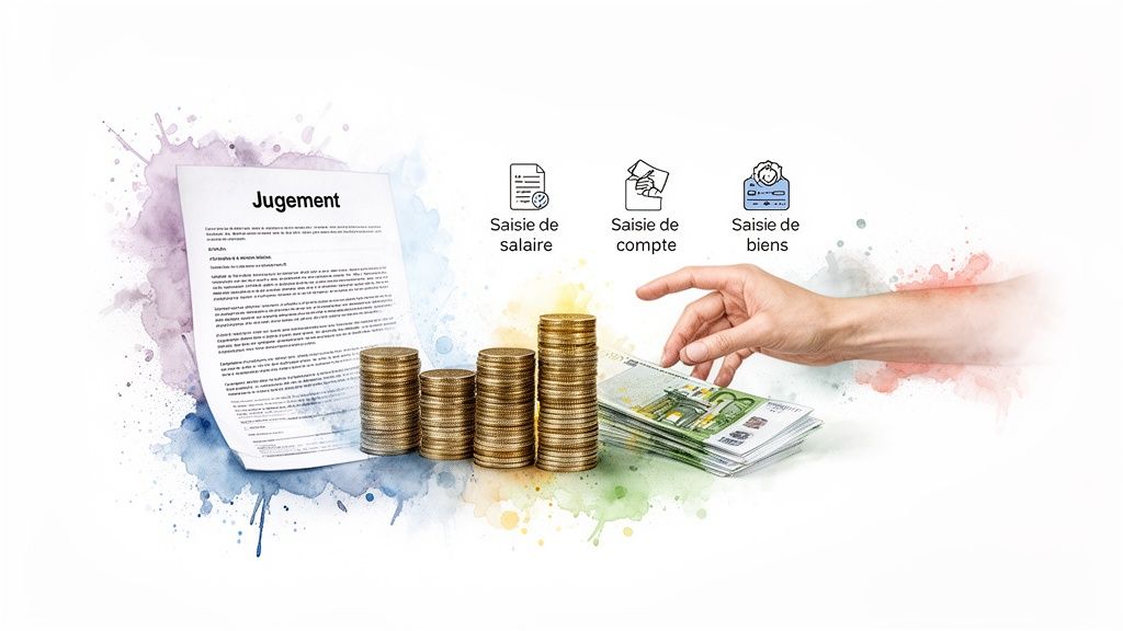 Jugement, piles de pièces, billets en euros et icônes de saisie de salaire, compte et biens.